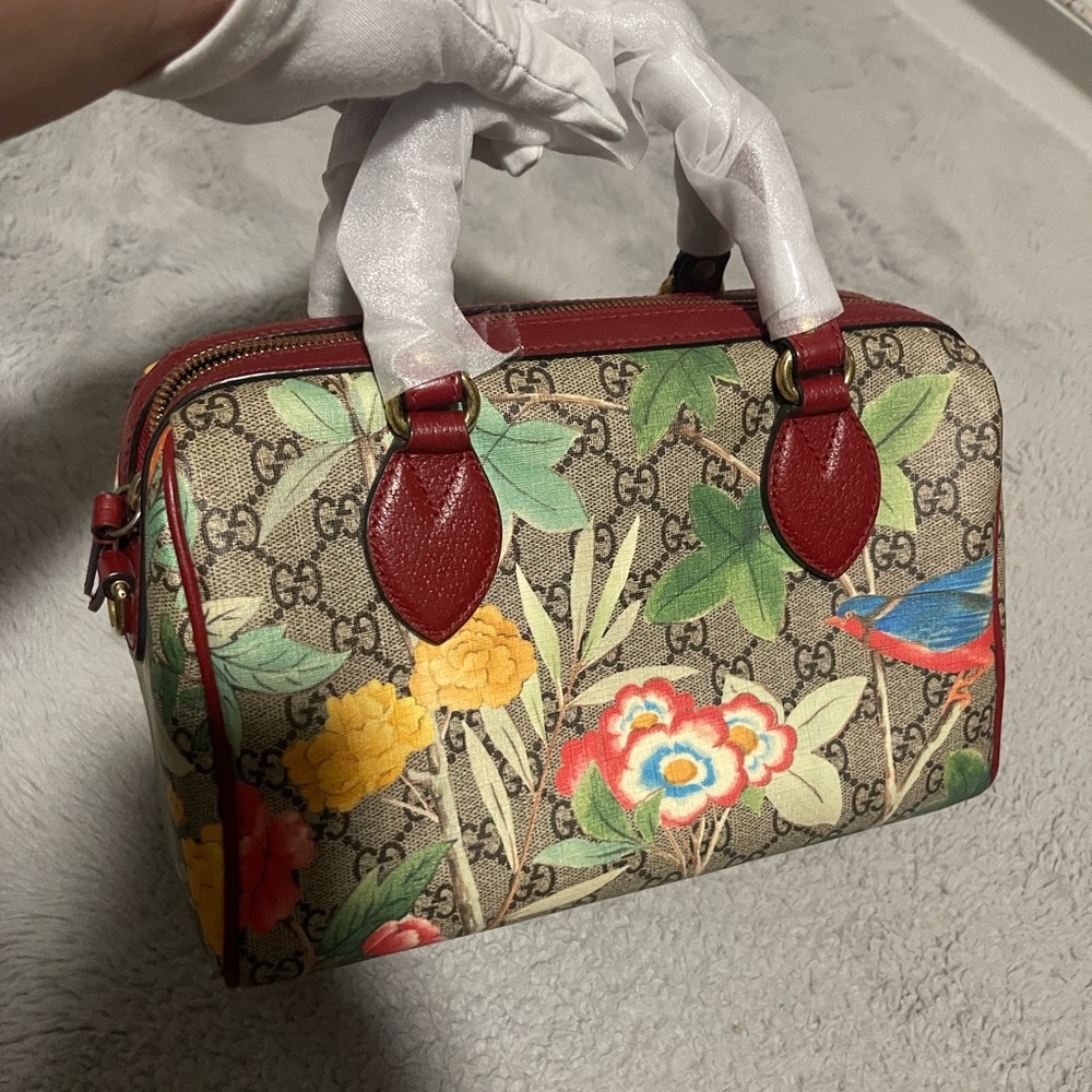 Gucci Floral Monogram Mini Top Handle Bag in Red Trim
